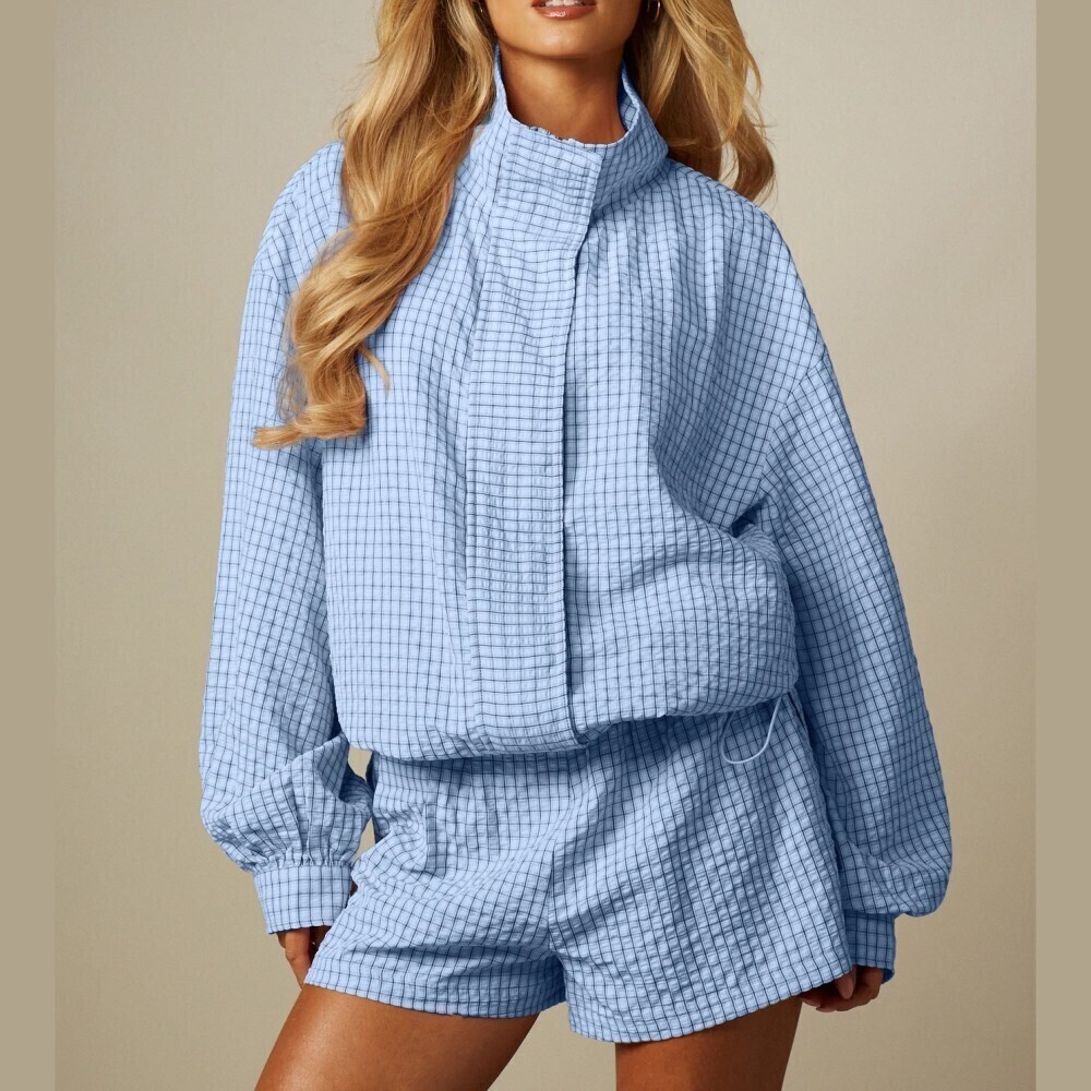 Blue Windowpane Check Funnel Neck Oversized Lightweight Crop Bomber Jacket